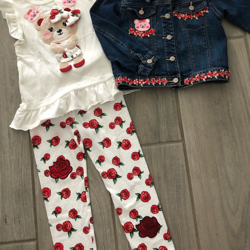 Girls' Bear Top and Floral Leggings Set with Denim Jacket